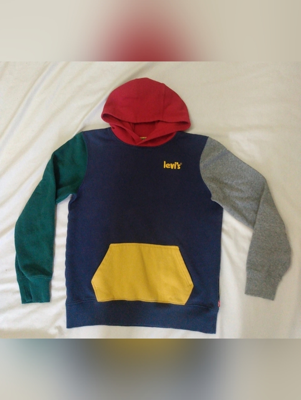 KIDS LEVIS HOODIE SIZE LARGE 12-13 YEARS COLOR BLOCK NAVY RED GREEN YELLOW